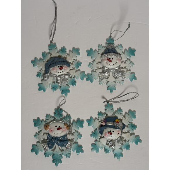 Lot of 4 Snowman Snowflake Blue White Silver Hats 4" Figurine Ornament - Picture 1 of 8